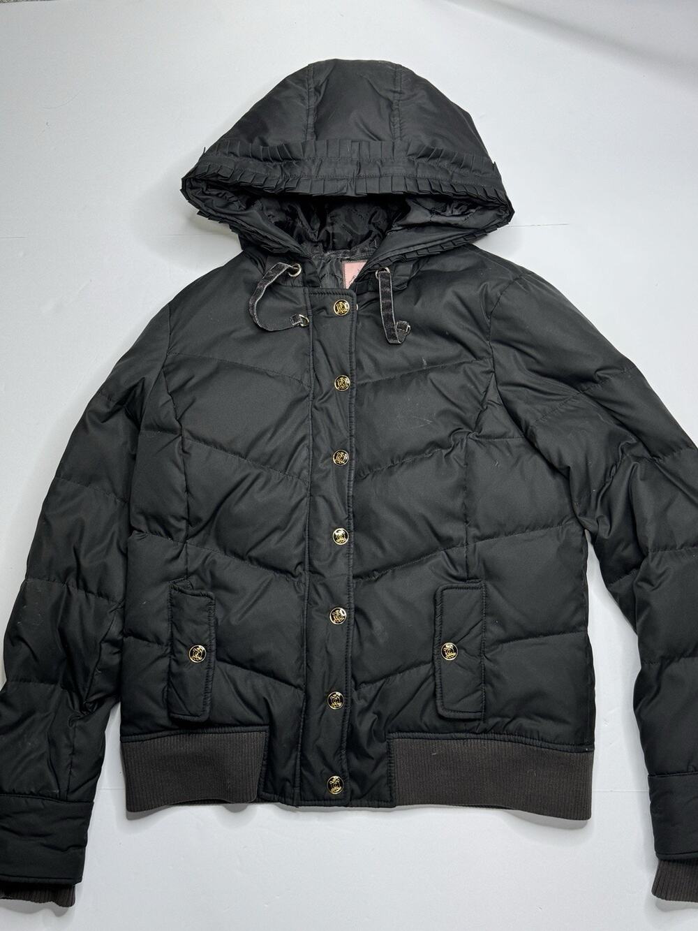 Juicy Couture Womens Black Down Puffer Jacket Ruffle Hood Gold Buttons Y2K Small